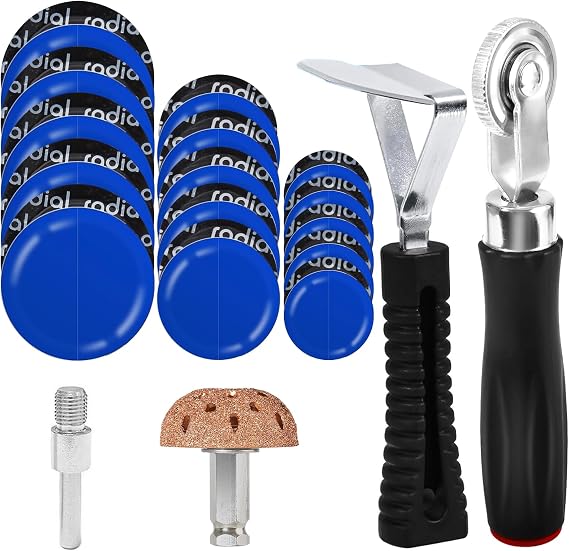 Wayona 35Pcs Tire Repair Patch Kit Heavy Duty, Tire Patches 32/45/58mm Tire Repair Tools with 40mm Tire Buffing Wheel Tire Patch Roller Inner Liner Scraper for Car Tire Grinding Bike Motorcycle Wheel