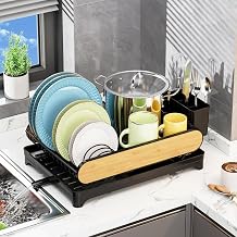 Single Tier Kitchen Dish Drainer with Cutlery Holder | Metal Dish Drying Rack for Kitchen Sink Countertop | Large Capacity Rust-Resistant Dish Rack with Drip Tray | Modern Sink Organiser