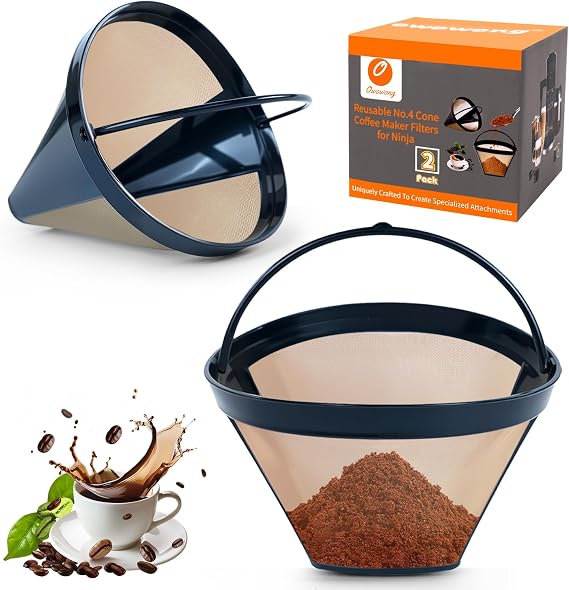 2Pcs Reusable No.4 Cone Coffee Maker Filters for Ninja Bar Brewer, Replacement Coffee Basket Filters, #4 Cone Permanent Coffee Filters Compatible with Ninja Coffee Maker