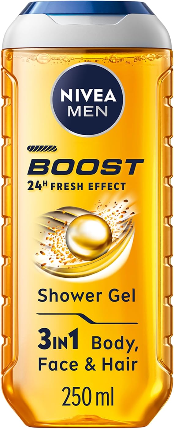 NIVEA MEN BOOST Shower Gel (250 ml), Moisturising 3-in-1 Body Wash for Men with Naturally Sourced Caffeine, Revitalising NIVEA MEN Shower Gel