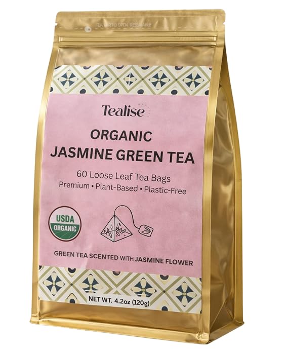 Organic Jasmine Green whole Leaf Pyramid Tea Bags USDA Organic, Plant-Based & Plastic-Free Tea Bags, Smooth Floral Green Tea, 60 Count by Tealise