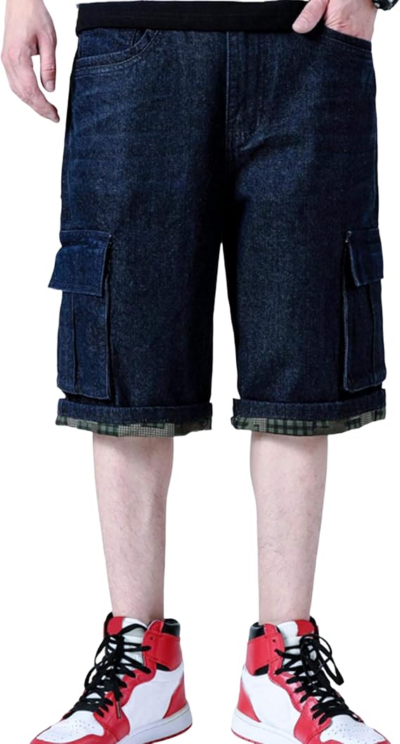 Yeokou Men's Baggy Denim Cargo Shorts Vintage Washed Loose Fit Hip Hop Jeans Work Shorts Multi Pockets Casual Streetwear