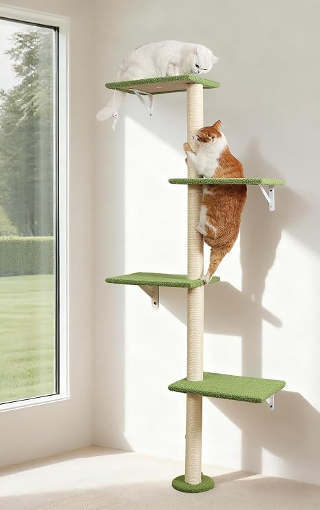 Wall-Mounted Cat Tree, 69-Inch Sisal Scratching Post, 4-Tier Carpet Perches