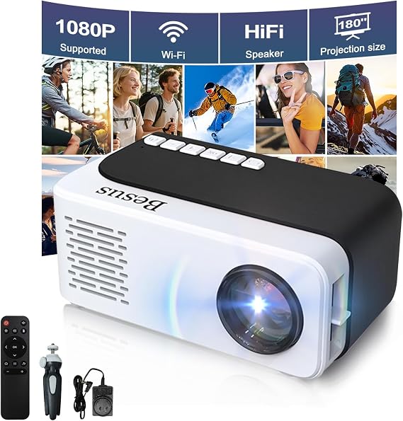 Mini Projector, HD 1080P WiFi Video Projector, Portable Outdoor Projector with Tripod, Gift for Kids, Home Theater Movie Phone Projector Compatible with USB, AV, Smartphone/Tablet/Laptop (black)