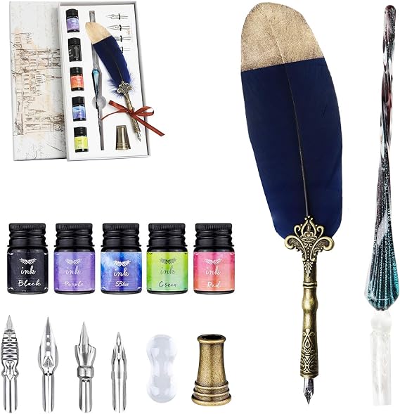 Calligraphy Feather Pens Ink Set, Quill Writing Pen Set, Owl Feather Pen,Antique Calligraphy Dip pen for Beginners and Professional (Deep blue)