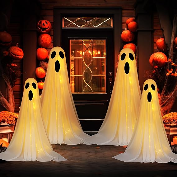 Tujoe 4 Set Halloween Ghost Decorations Indoor Outdoor DIY Large Lighted Cloth Ghosts with String Lights Light up Decoration for Halloween Party Porch Yard 3ft and 5ft(White)