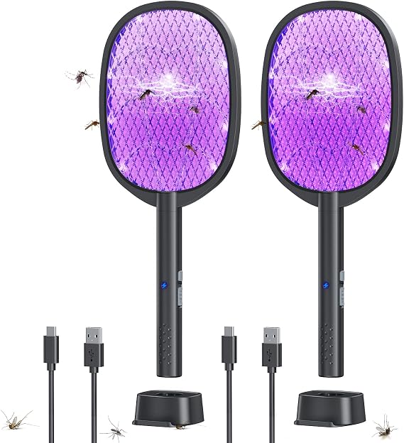 2 Pack Electric Fly Swatter 2 in 1 Bug Zapper Racket & Mosquito Zapper,4000V with USB Charging Base,Powerful Mosquito Swatter with 3 Layers of Safety Net Suitable for Indoor and Outdoor...