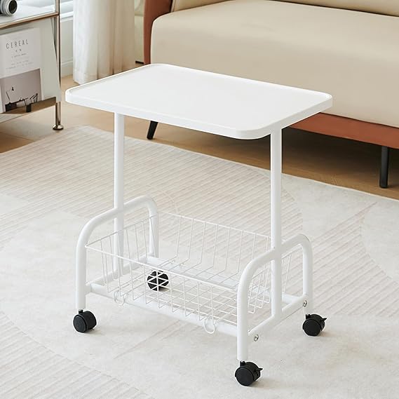 Rolling Side Table with Storage,Wooden End Table with Wheels,Small Couch Table with Metal Frame for Living Room Bedroom Kitchen Family Office,White