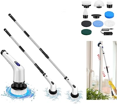 Electric Spin Scrubber Power Scrubbers for Cleaning with 9 Brush Heads Electric Spin Scrubber Cordless Tub and Tile Scrubber Adjustable Extension Handle 7.9-52 INCH