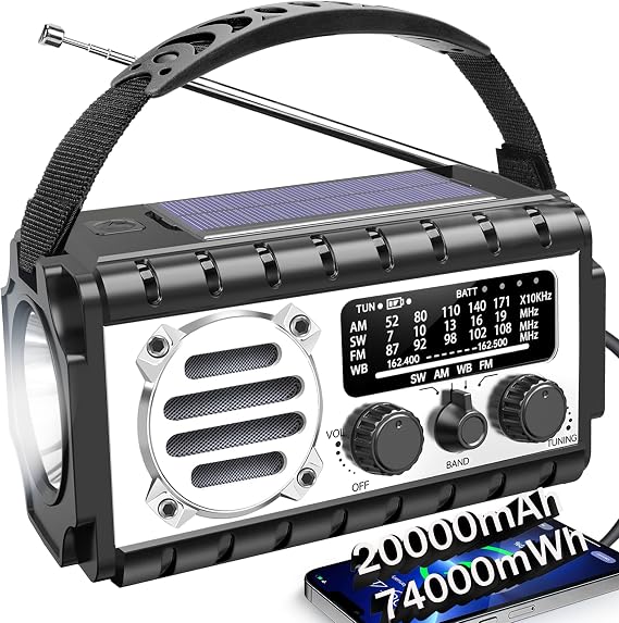 QAUYYW ソーラーハンドクランク緊急ラジオ、20000mAh AM FM NOAA ウェザーラジオ