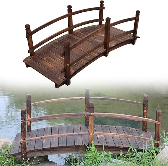 Wooden Garden Bridge, Arch Carbonized Footbridge with Double Safety Rails, Outdoor Decorative Pond Bridge Walkway for Backyard Gravel Road Creek Farm(4.9ft, Carbonized)