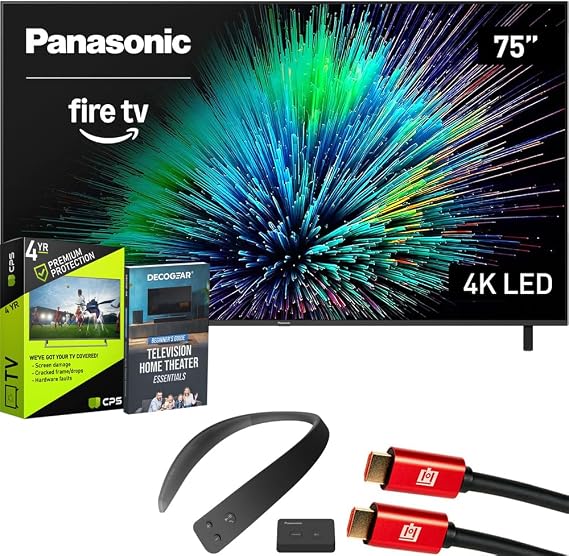 Panasonic TV-75W70BP W70 Series 75 inch LED 4K Ultra HD Smart Fire TV Bundle with WN10 Neck Speaker, 4 YR CPS Enhanced Protection, 2X HDMI Cable & Deco Gear Complete Home Theater Beginner's Guidebook
