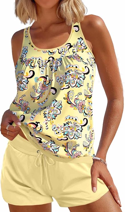 Modlily Classic Two Piece Tankini Swimsuits, Tummy Coverage Bathing Suits, Blouson Tank Top with Board Shorts