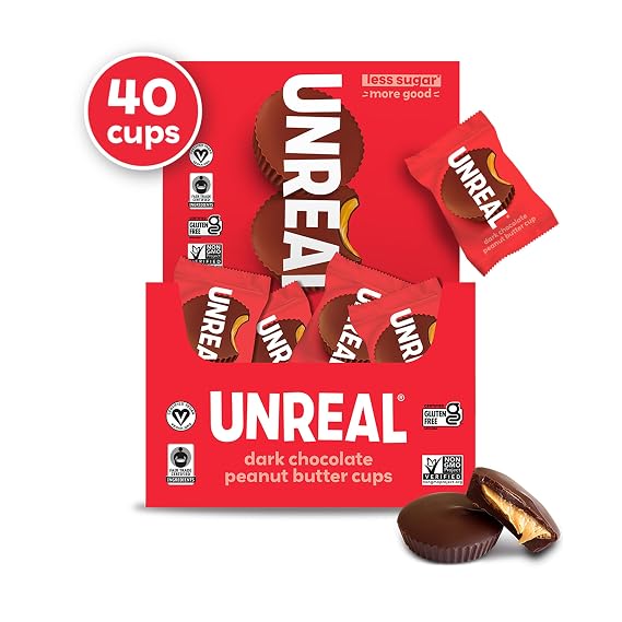 UNREAL Dark Chocolate Peanut Butter Cups, 40 Individually Wrapped Cups | Rich dark chocolate and organic coconut made with only 3 ingredients, just 3g sugar, vegan, gluten free and dairy free.