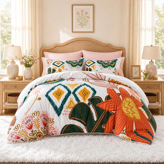 Tyrot Boho Floral Twin Comforter Set - 2 Piece Farmhouse Botanical Bedding Comforter Sets for All Season Soft Lightweight Mid Century Modern Bed Set, (1 Reversible Comforter and 1 Pillow Sham