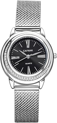 JewelryWe Luxury Stainless Steel Watch: Simple Analog Quartz Watches Black Dial with Rhinestone Accents Fashion Wristwatch for Women for Valentines Day