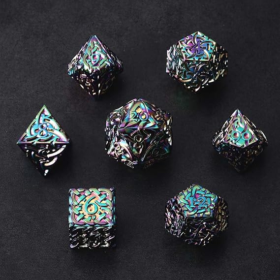 Rainbow Endless Chaos Dice 7 Piece Polyhedral Metal Dice Set with Celtic Knots Extra Heavy Extra Large for DND DnD5e TTRPG Tabletop RPG Dice Bard Sorcerer Wizard Dice