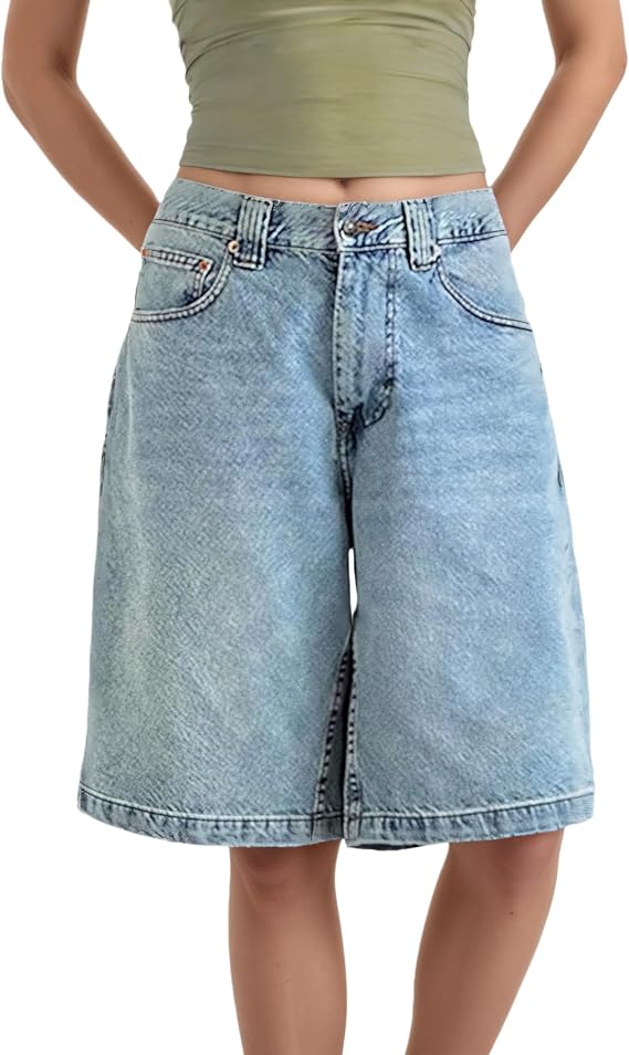 Jorts Women Baggy with Pockets-Baggy Mid-Low Waist Denim Shorts Women, Casual Wide Leg Summer Jean Shorts