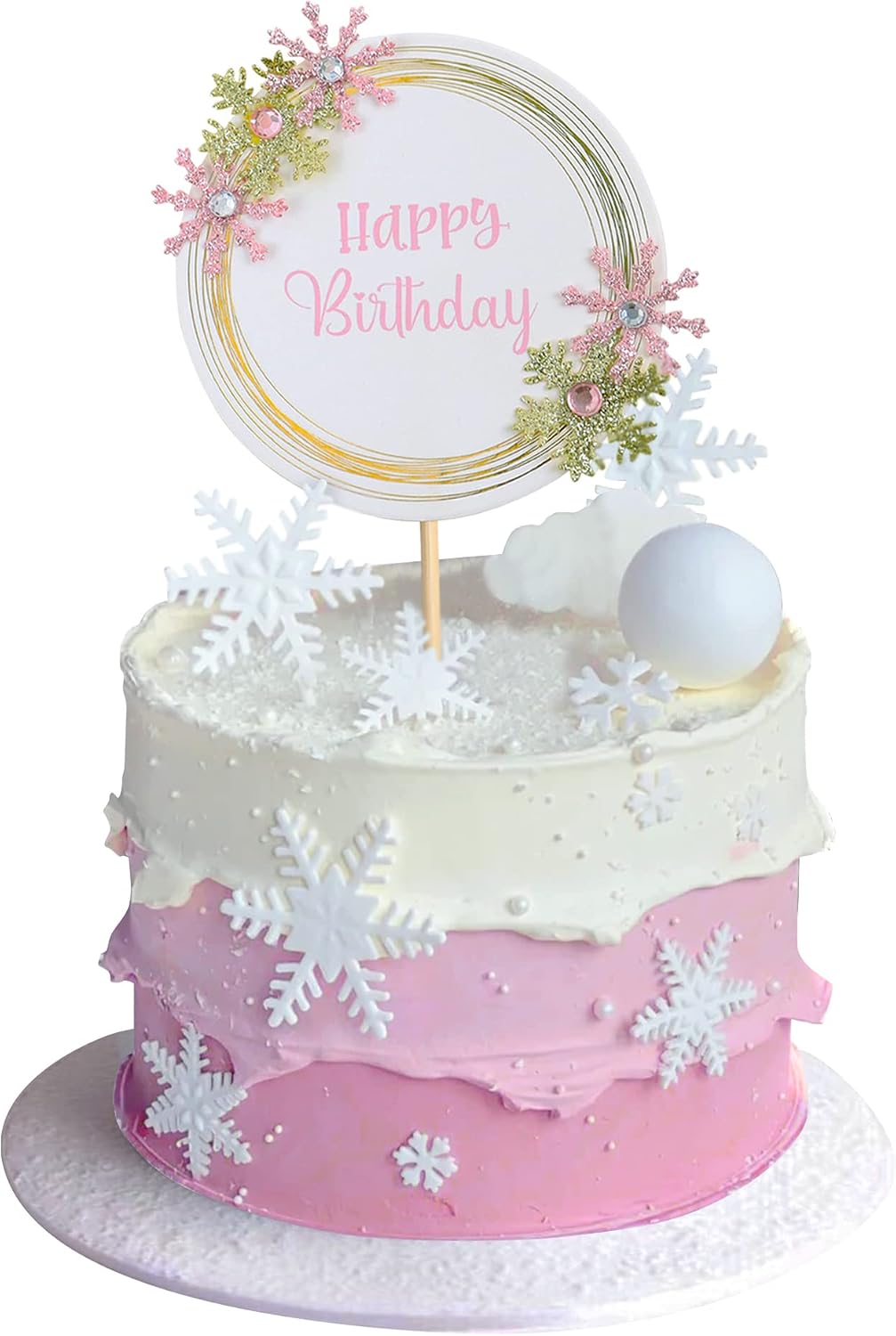Ercadio 1 Pack Snowflake Happy Birthday Cake Toppers Pink Frozen Snowflake Cake Picks with Sparkly Pink Rhinestone for Winter Theme Christmas Birthday Gender Reveal Party Cake Decor
