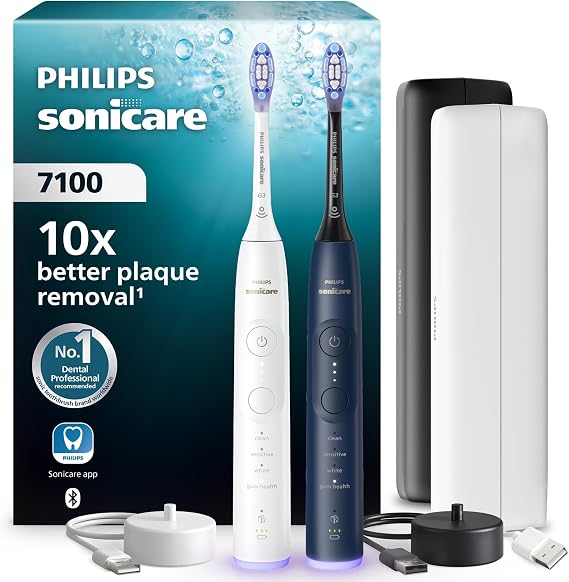 Philips Sonicare 7100 Electric Toothbrush, Sonic Toothbrush with App, 4 Brushing Modes and 3 Intensity Levels, Pressure Alert, EasyStart, SmarTimer, White and Navy, 2 Pack, HX7429/01 [New Technology]