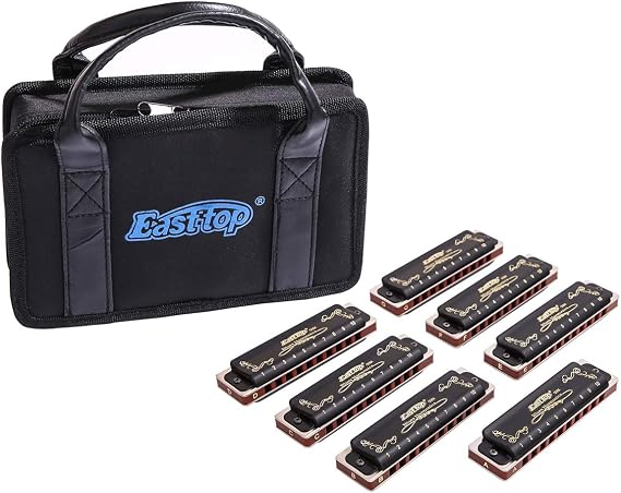 Harmonica Set 12 key Blues Harp 008K Professional Diatonic Harmonicas 10 Holes 20 Tones Harmonica for Professional Player,Beginner,Students with Black Gift Bag (Black-7keys)