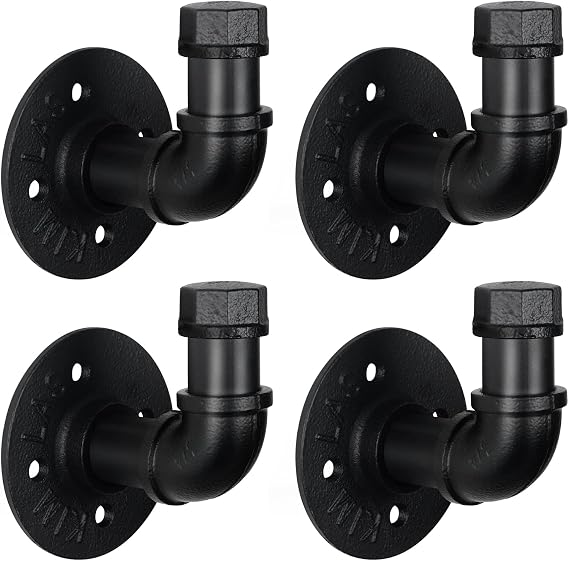HouseAid Industrial Iron Pipe Towel Hook Holder, Farmhouse Rustic Robe Hook for Bathroom, Vintage Style Clothes Hook Hanger, Wall Mounted, Matte Black (4 Pack)