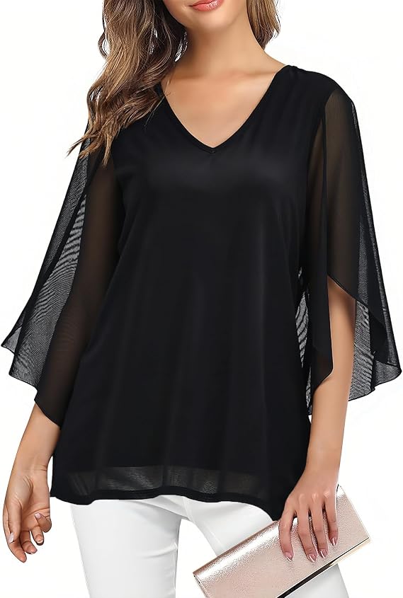 Enmain Womens Blouses 3/4 Sleeve V Neck Chiffon Casual Floral Tunic Top