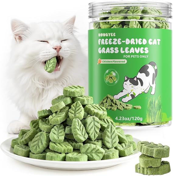 120g/4.23oz Cat Grass Stick Snacks, Freeze Dried Kitty Grass Sticks Snacks, Hairball Remove and Teeth Cleaning for Cat,Edible Cats Catnip Toys for Indoor Cats,Cat Training Treats(Leaf Shape)
