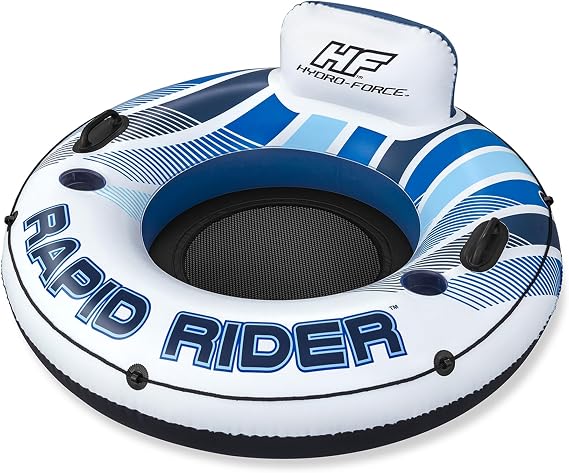 Bestway 43116E Hydro Force Rapid Rider Inflatable River Lake Pool Inner Tube Float with Built in Backrest and Wrap Around Grab Rope, Blue and White