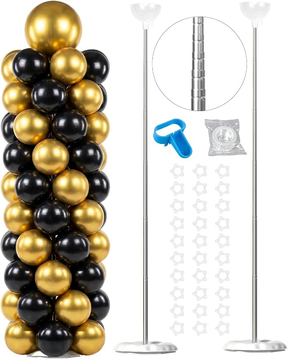 Bezente Pro Series Balloon Column Stand Kit Set of 2, 7ft Height Adjustable Balloon Tower with Base for Floor, Reusable Metal Telescopic Design for Wedding Birthday Baby Shower Party Decor(No balloon)