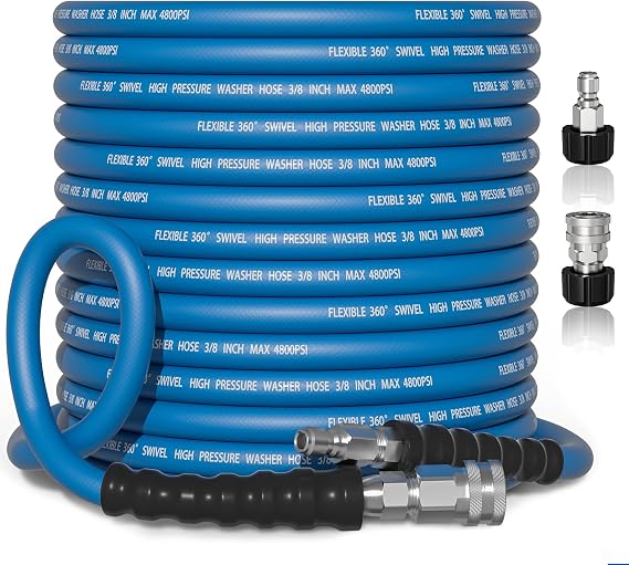 Pressure Washer Hose, 3/8" x 100FT Power Washer Hose, Kink Resistant Hot and Cold Water Flexible Washing Hose Max 248F, 4800 PSI Commercial Industrial Grade Steel Wire Braided Extension Hose