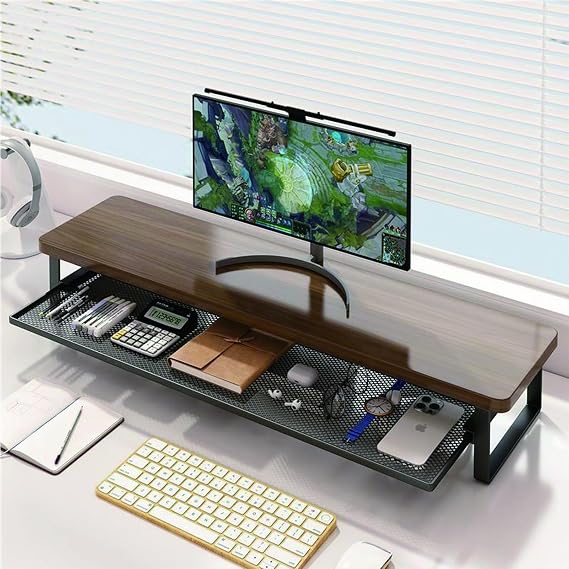 Desktop Monitor Stand, Wooden, Width 19.7 / 27.6 / 39.4 inches 50 / 70 / 100 cm, 2 Tiers With Drawers Load Capacity 55.1 lbs 25 kg, Desk Shelf, Desktop Stand, Computer Stand, Tabletop, PC