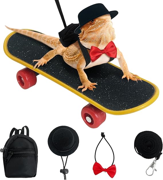 PINVNBY 5 Pack Bearded Dragon Leash and Harness Set Bearded Dragon Leash Backpack with Adjustable Hat & Bow Tie Mini Skateboard Toy Reptile Accessories for Lizard Reptile Outdoor Adventures