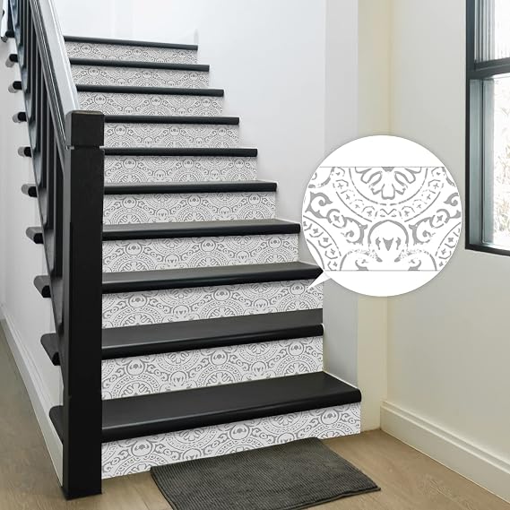 funlife 13Pcs Retro Stair Riser Peel and Stick Vinyl Decals, Self-Adhesive Waterproof Staircase Stickers, 39.37"x7.09" Gray Italian Pattern