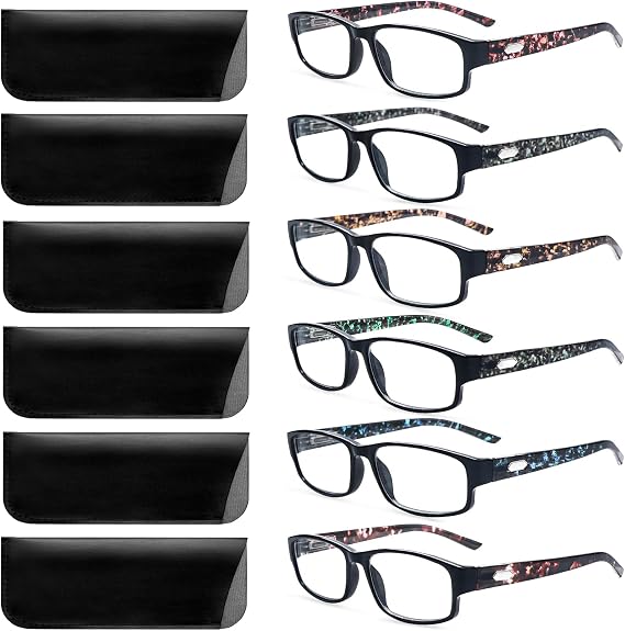 6 Pack Reading Glasses Blue Light Blocking Spring Hinge Readers for Women Men Anti UV Eyeglasses with 6 Leather Case