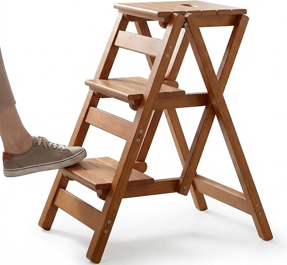 Step Stool for Adults/Step Ladder/Counter Chair | 3-Step Folding Portable Wooden Step Stool, Anti-Slip & Lightweight (Nut - Brown)