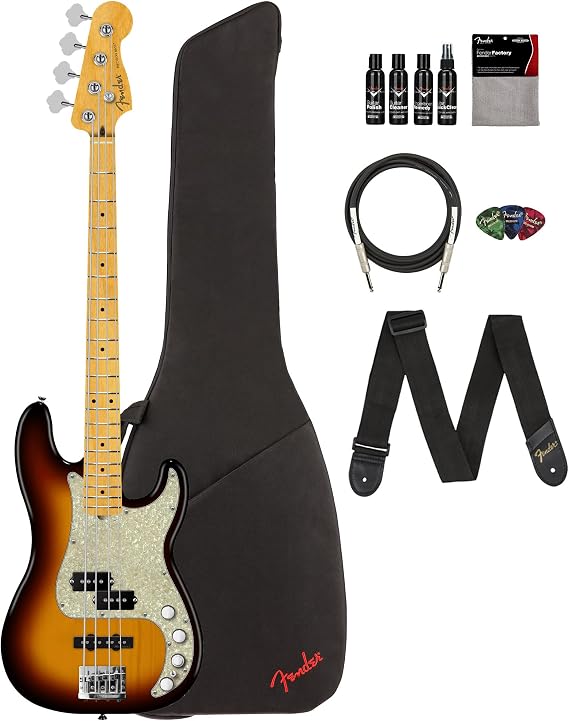Fender Player II Modified Active Precision Bass - 3-Tone Sunburst Bundle with Gig Bag, Strap, Cable, 3-Pack Picks, and Guitar Cleaning Kit
