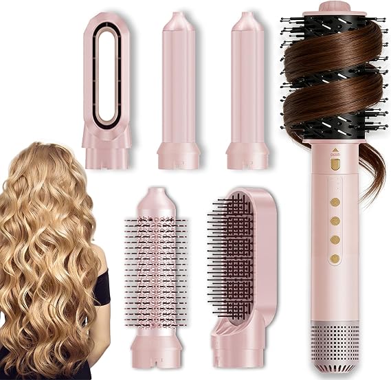 6-in-1 Hot-Air Hair Brushes & Blowout Brush Hair Dryer - 110,000 RPM Blow Dryer Brush - Blowdryers Brush for Hair - Fast Drying Curling Straightening Volumizing Without Heat Damage(Pink)