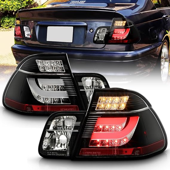 ACANII - Black LED Tail Lights Brake Lamps w/LED Strip Replacement For 2002-2005 BMW E46 3-Series 4Dr Sedan Left+Right