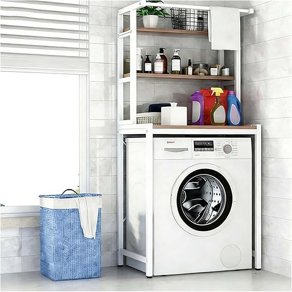 Washing Machine Rack & Storage Cabinet, 3-Tier Over The Washer and Dryer Shelf with Hanging Rod for Bathroom & Laundry(A,White_Three Layers)