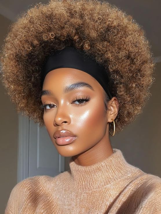 Afro Headband Wig Short Afro Kinky Curly Wigs with Headbands Attached Glueless Synthetic Wear it and Go for Black Women Fluffy Bouncy Afro Wigs for Daily Party(1B30,12 Inch)