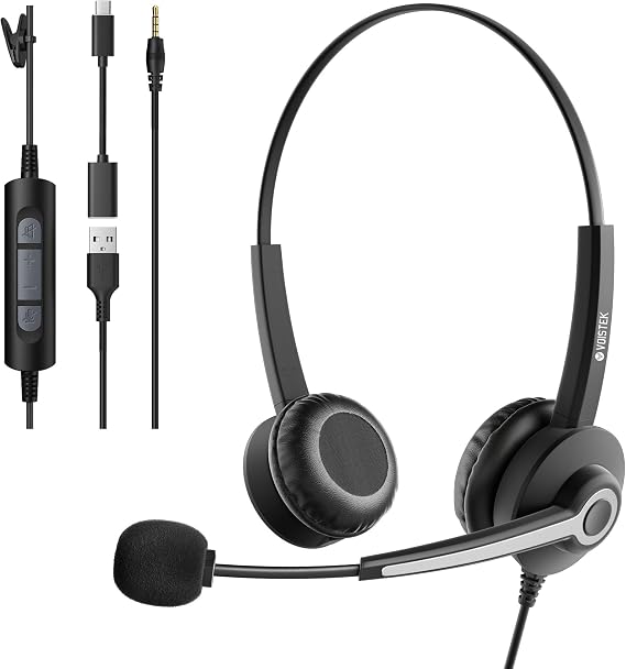 Voistek USB Headset with Microphone for Laptop,PC Headphones with 3.5mm Plug,Detachable USB-A Cable & Type-C Adapter,Noise Cancelling Mic,In-Line Volume Control,Mute Button for Teams Zoom,Home Office