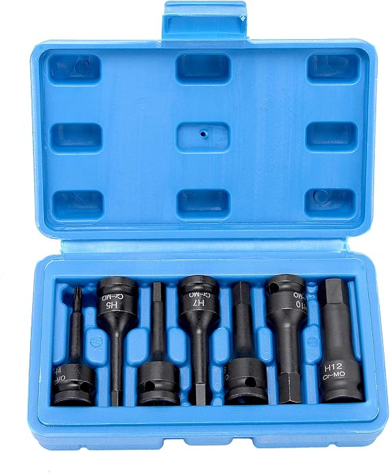 3/8 Inch Drive Hex Bits 4/5/6/7/8/10/12 MM Impact Allen Socket Set, 7 Piece Cr-Mo One-Piece Construction Metric Hex Driver Hand Tools for Repair