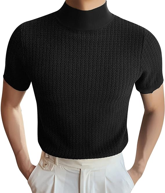 Mens Mock Turtleneck T Shirt Solid Ribbed Knit High Collar Short Sleeve Tops Spring Summer Slim Muscle Undershirt