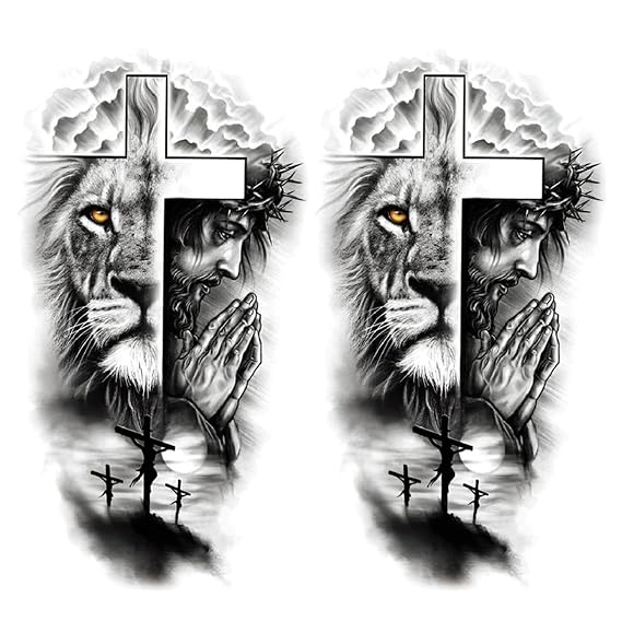 Jesus Cross Temporary Tattoos for Adults, Large Half Arm Waterproof | 2 sheets | 4.48" x 8.26" | Lion & praying hands | Religious body art for men & women | Music festival & daily decor