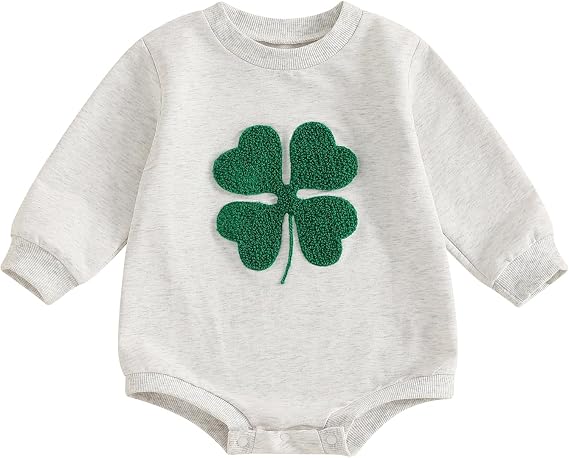 Baby Boy Girl St Patrick's Day Outfit Fuzzy Clover Embroidery Long Sleeve Bubble Romper Sweatshirt One Piece Bodysuit