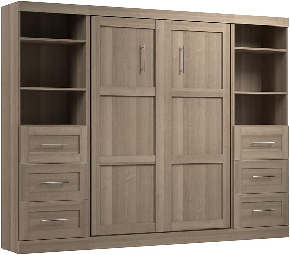 Bestar Pur Full Murphy Bed and 2 Shelving Units with Drawers, 109-inch Space-Saving Sleeping Arrangement in Ash Gray
