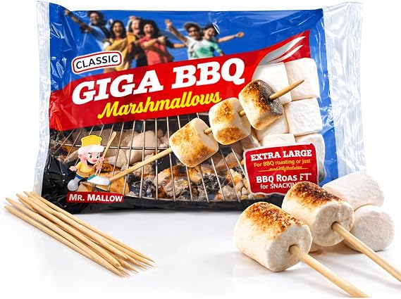 Giga Barbecue Marshmallows 400g with 10 Bamboo Skewers – Fluffy Toasting Marshmallows for BBQ, Campfire & S’mores, Large Sharing Bag for Parties, Roasting & Baking Treats for Family & Outdoor Fun