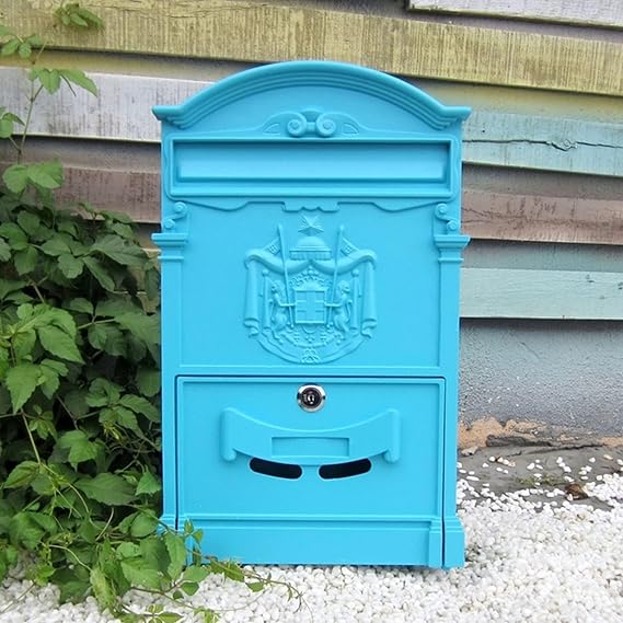 Locking Mailbox Wall Mount Vintage Mailbox,Letter Box,Postbox, for Outside, Townhouse European Mailboxes with Sturdy Key Lock Outdoor Security Water Proof Post Box,Blue