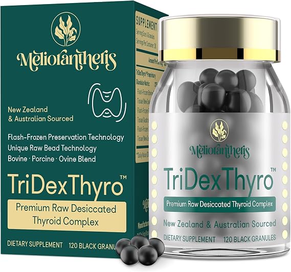 Thyroid Supplement TriDexThyroTM Raw Desiccated Thyroid Complex 375 mg with Bovine, Porcine & Ovine 120 Capsules for Women and Men(1 Pack)